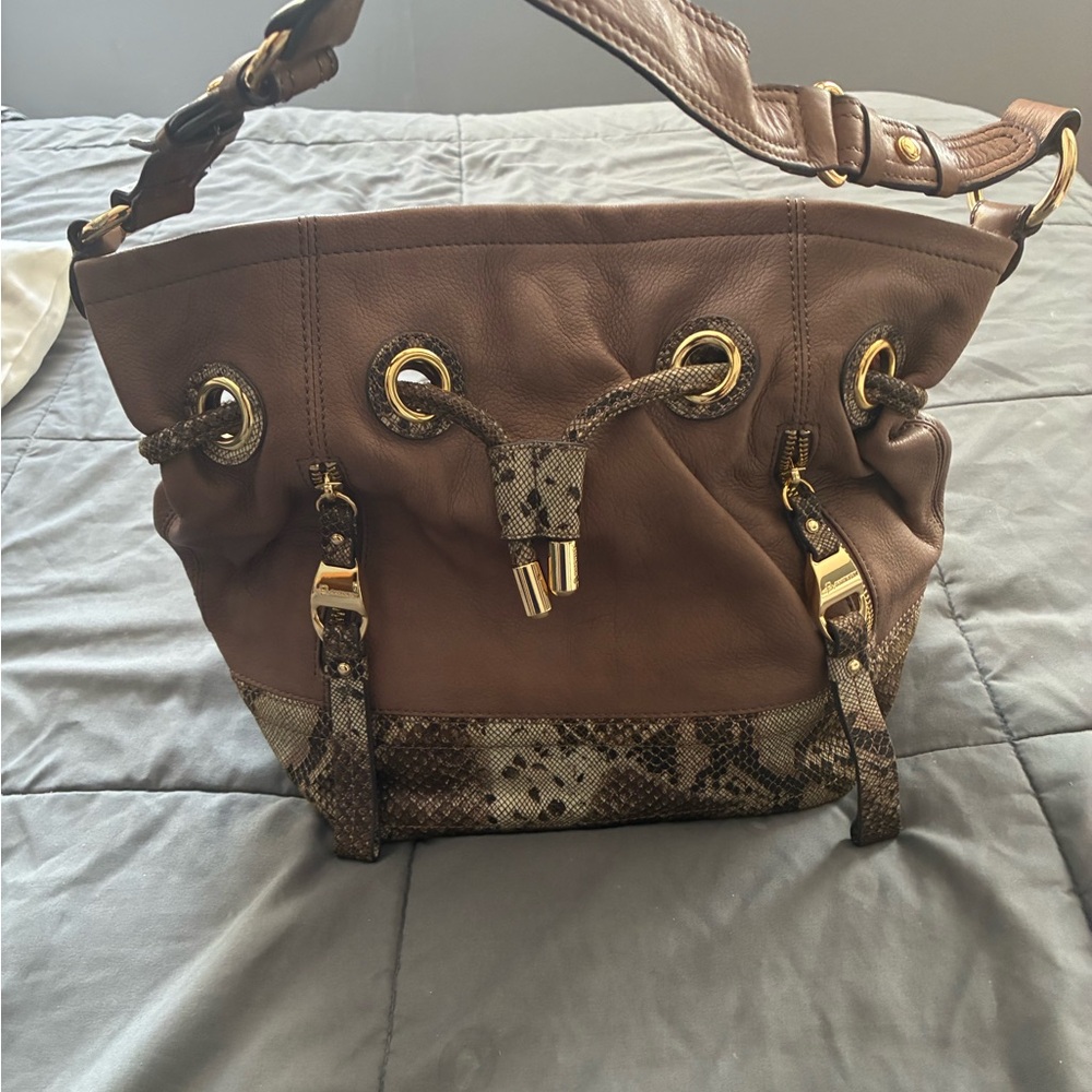 Brown Leather Drawstring Shoulder Bag with Snake-Print Trim